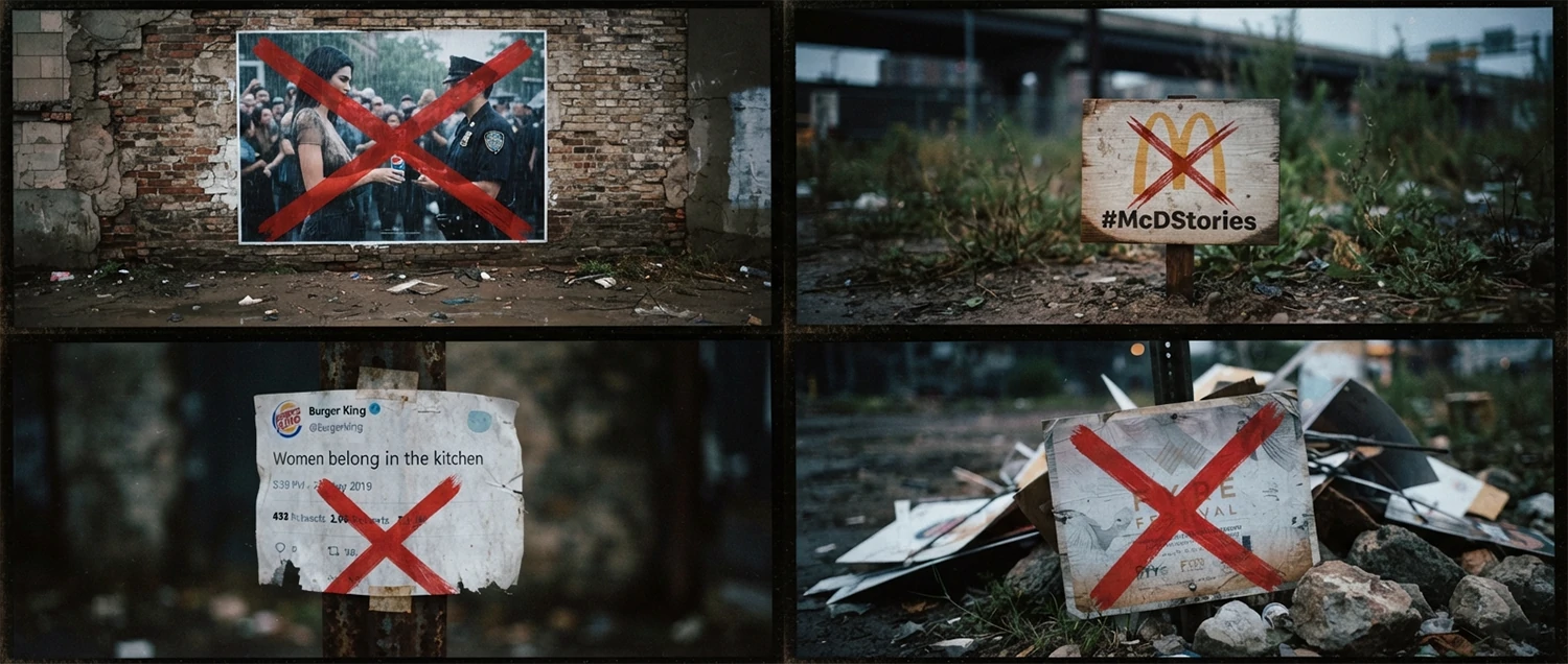 A graveyard of failed campaigns montage showing famous marketing flops