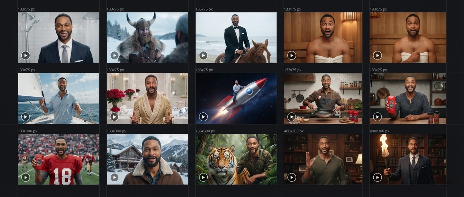 A grid of Old Spice response videos showing Isaiah Mustafa in various costumes and settings responding to individual fans
