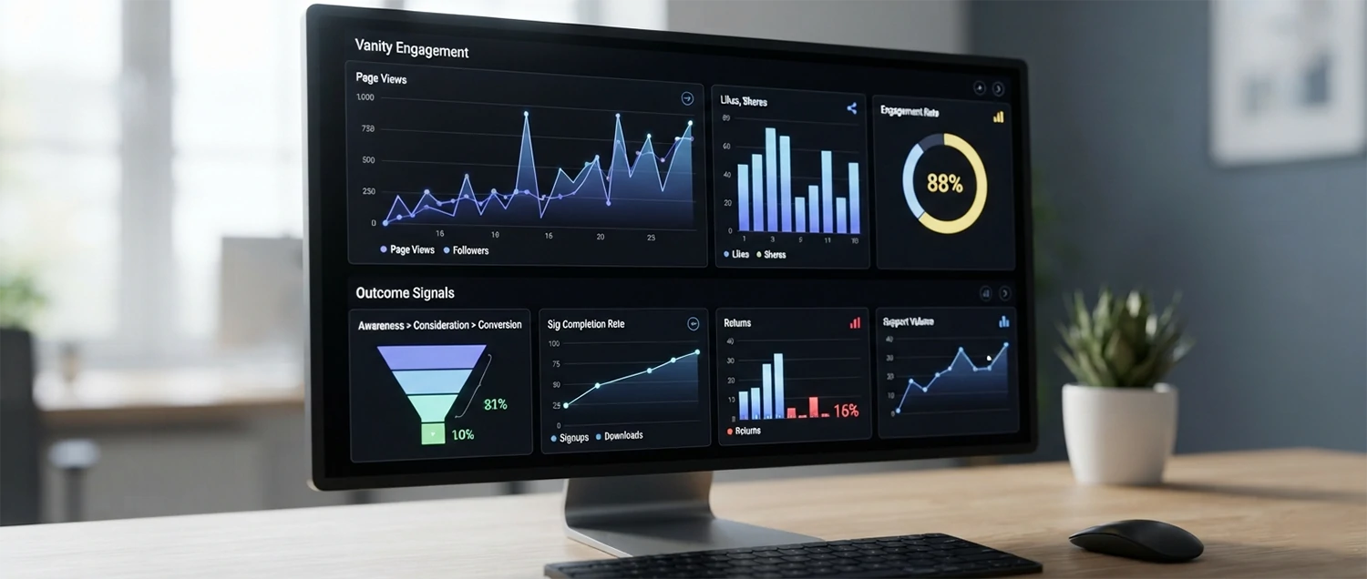 A metrics dashboard separating vanity engagement from outcome signals like completion
