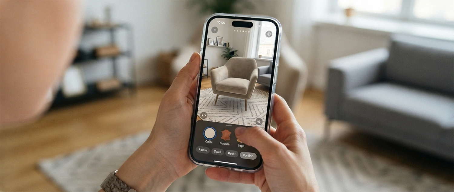 A phone showing a touch-friendly configurator and an AR view placing the configured product into a real room