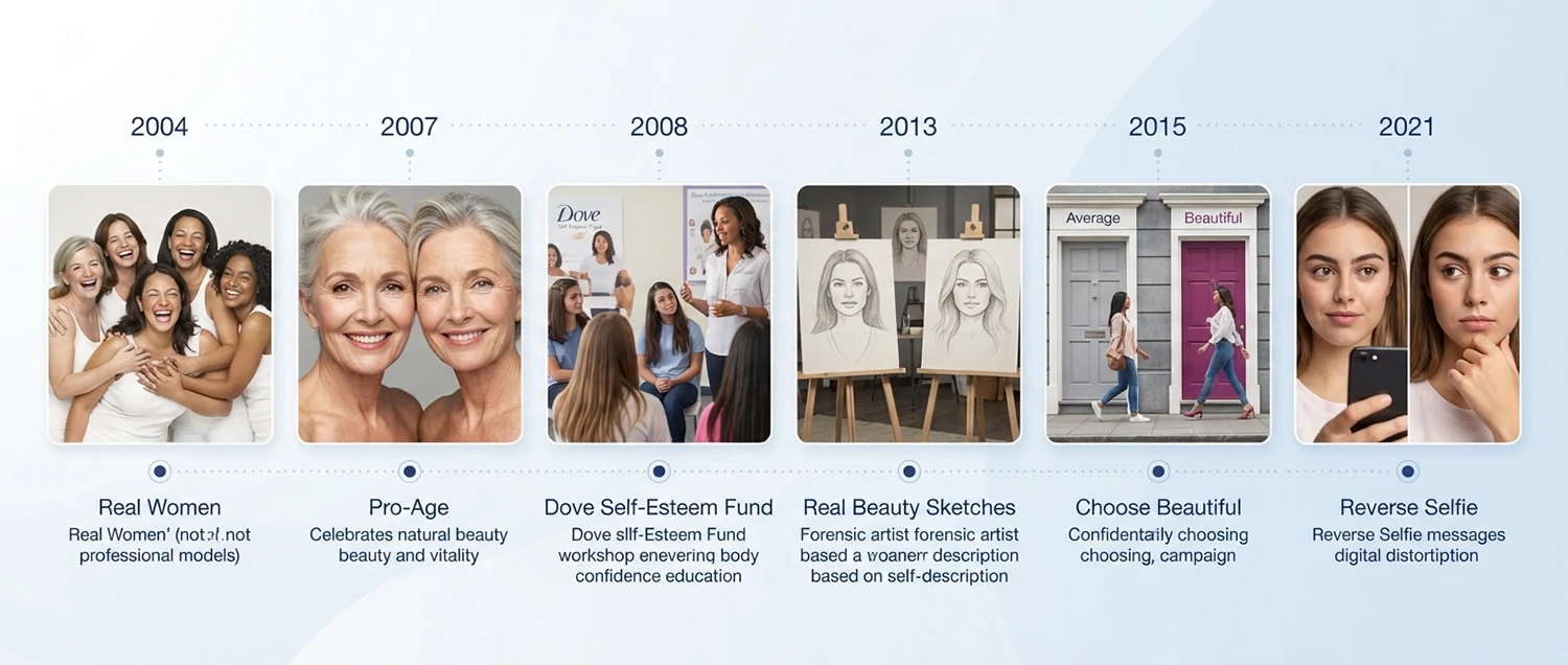 A timeline graphic showing Dove's Real Beauty journey from 2004 onwards