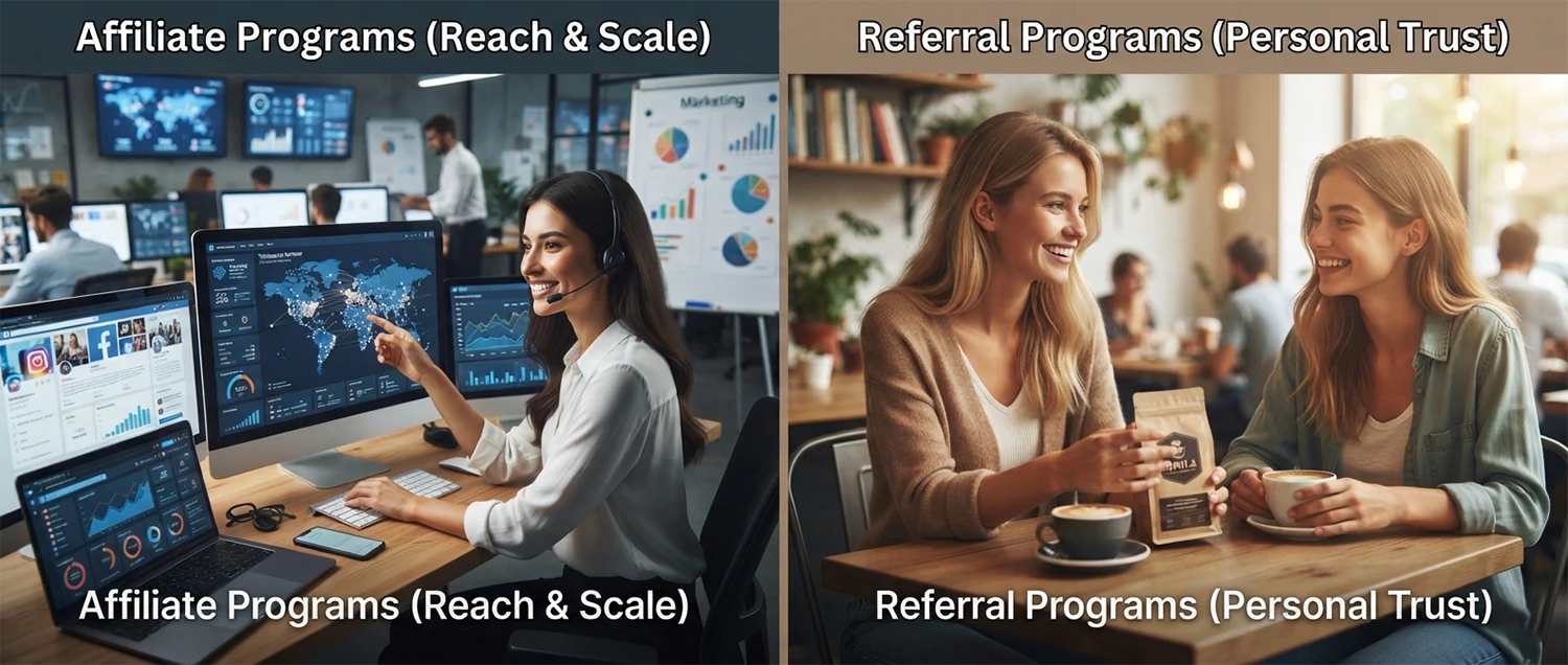 Affiliate programs harnessing partner reach and scale versus referral programs harnessing personal customer trust