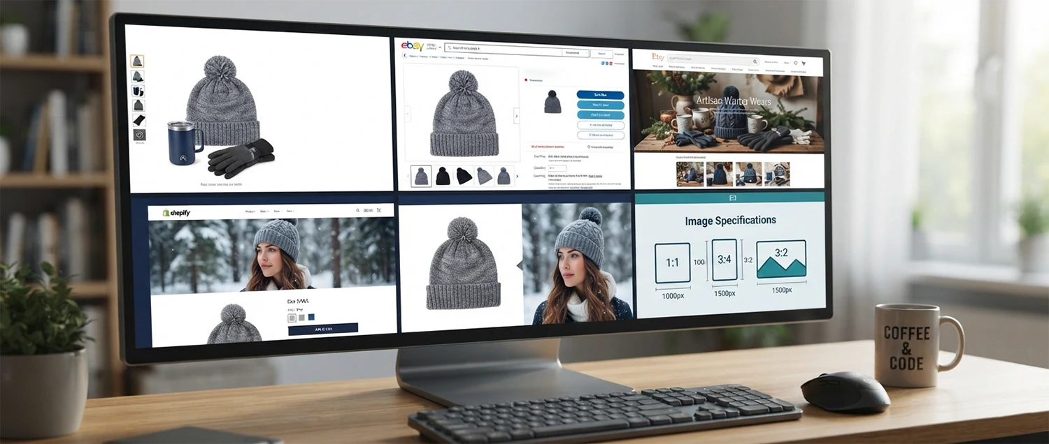 Amazon product listing mockup with winter product on white background
