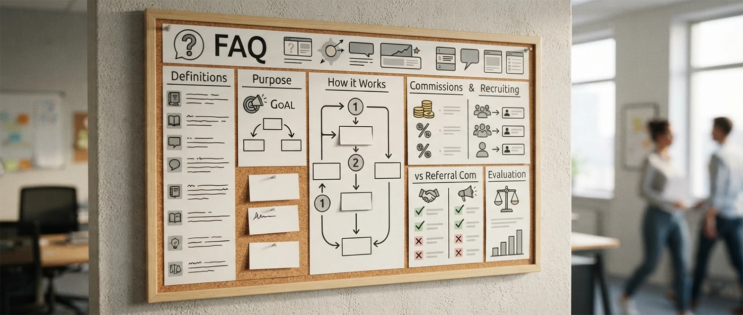 An FAQ board covering definitions, purpose, how it works, commissions, recruiting, vs referral, and worth