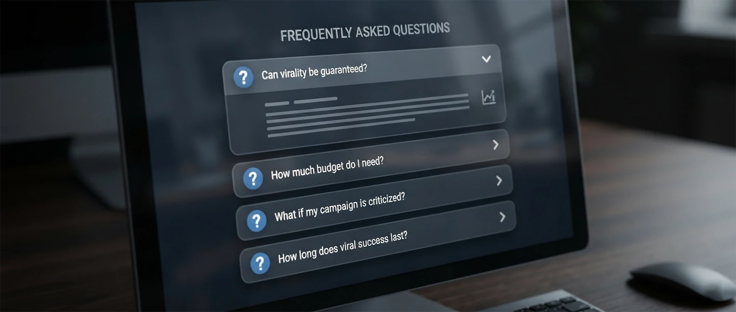 An FAQ section design with question mark icons and expansion panels showing common questions
