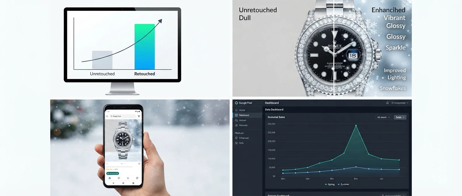 Bar chart or infographic showing conversion rate differences between retouched and unretouched images