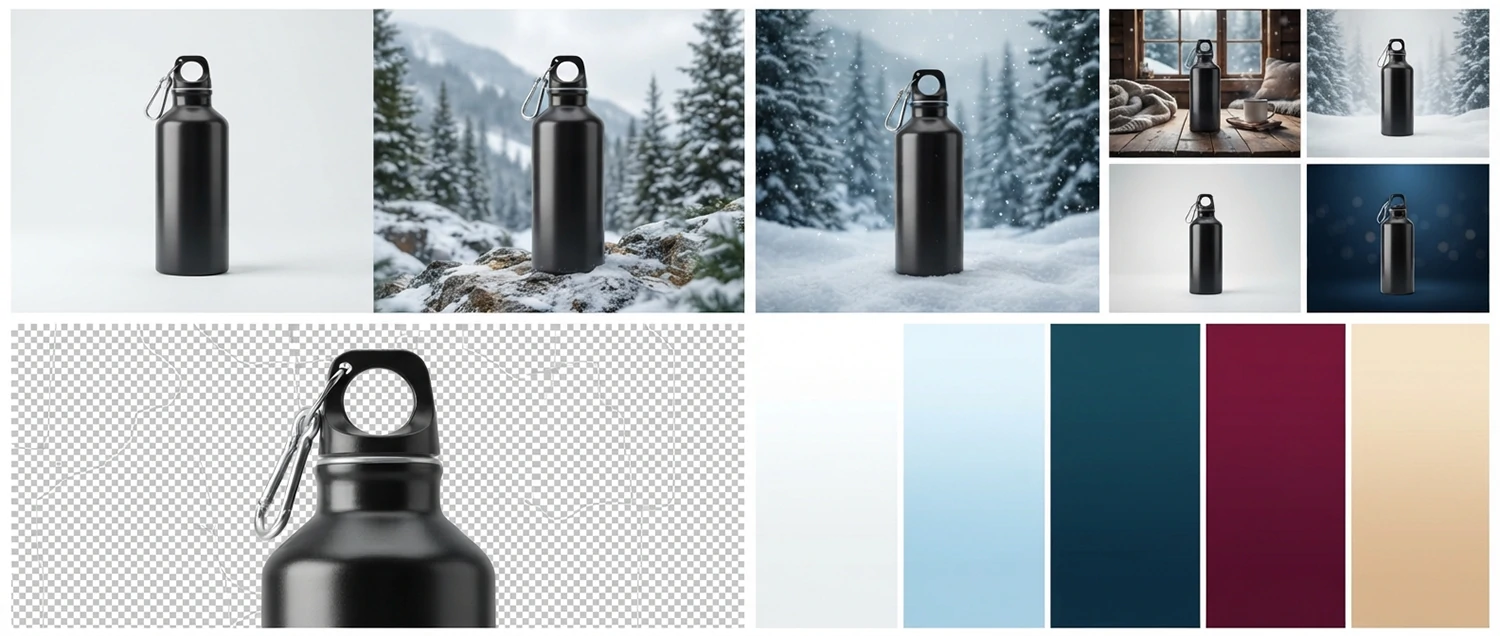 Before-and-after background replacement on a winter product