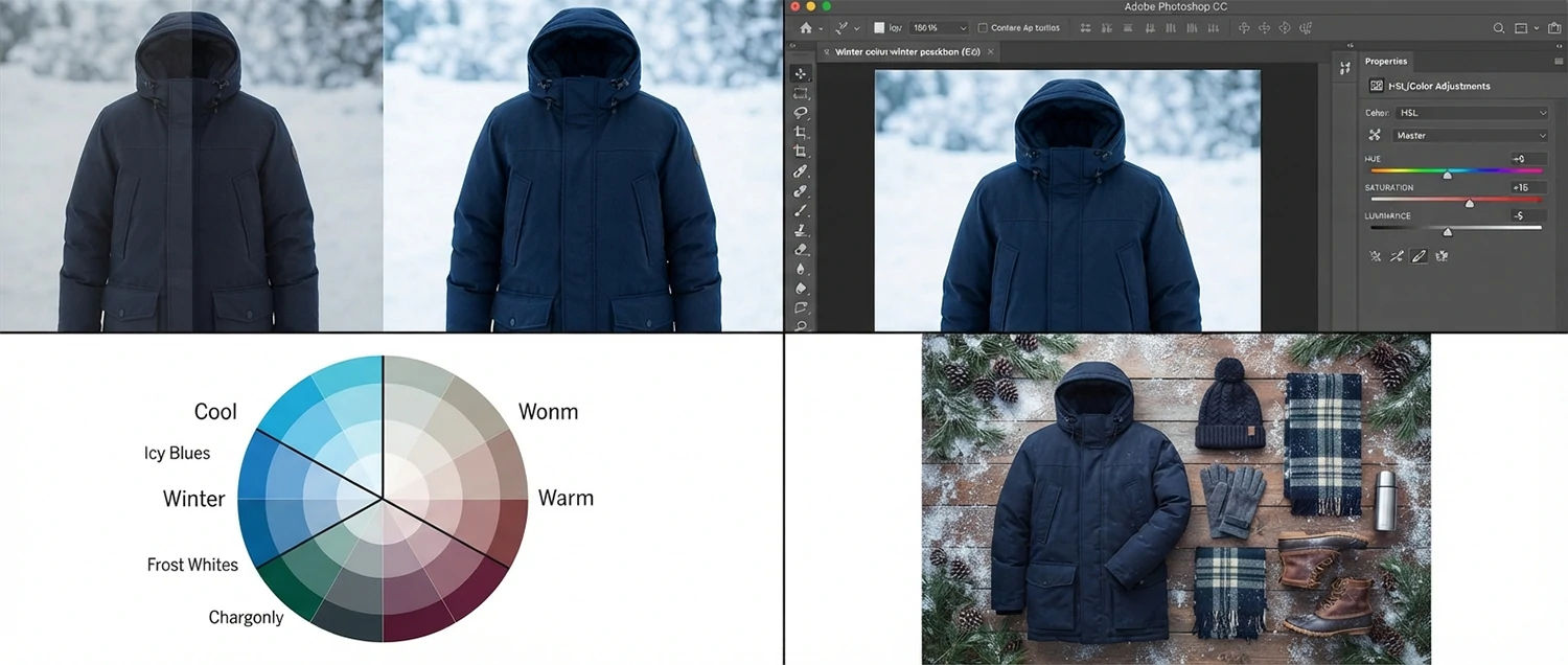 Before-and-after color correction comparison showing a winter coat