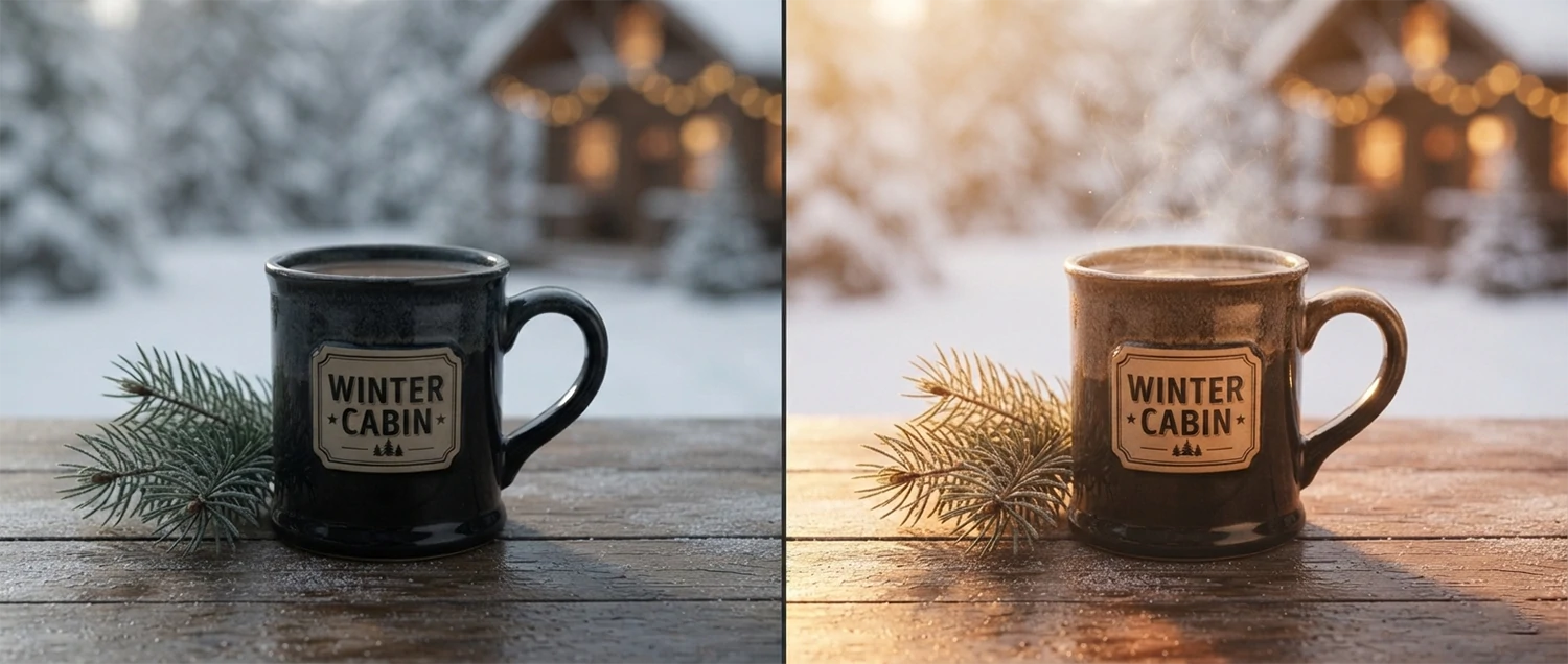 Before-and-after lighting enhancement on a winter product