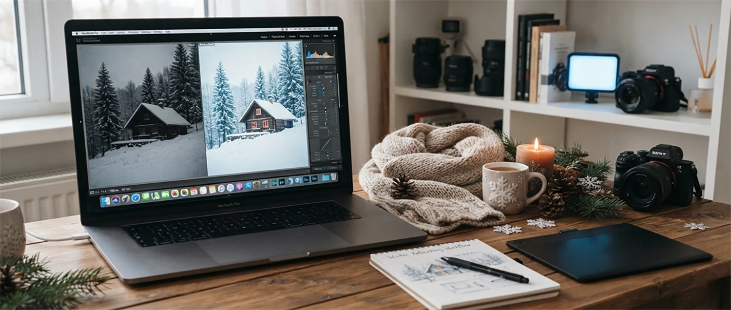 Before-and-after winter retouching comparison images showing raw vs. retouched product photos