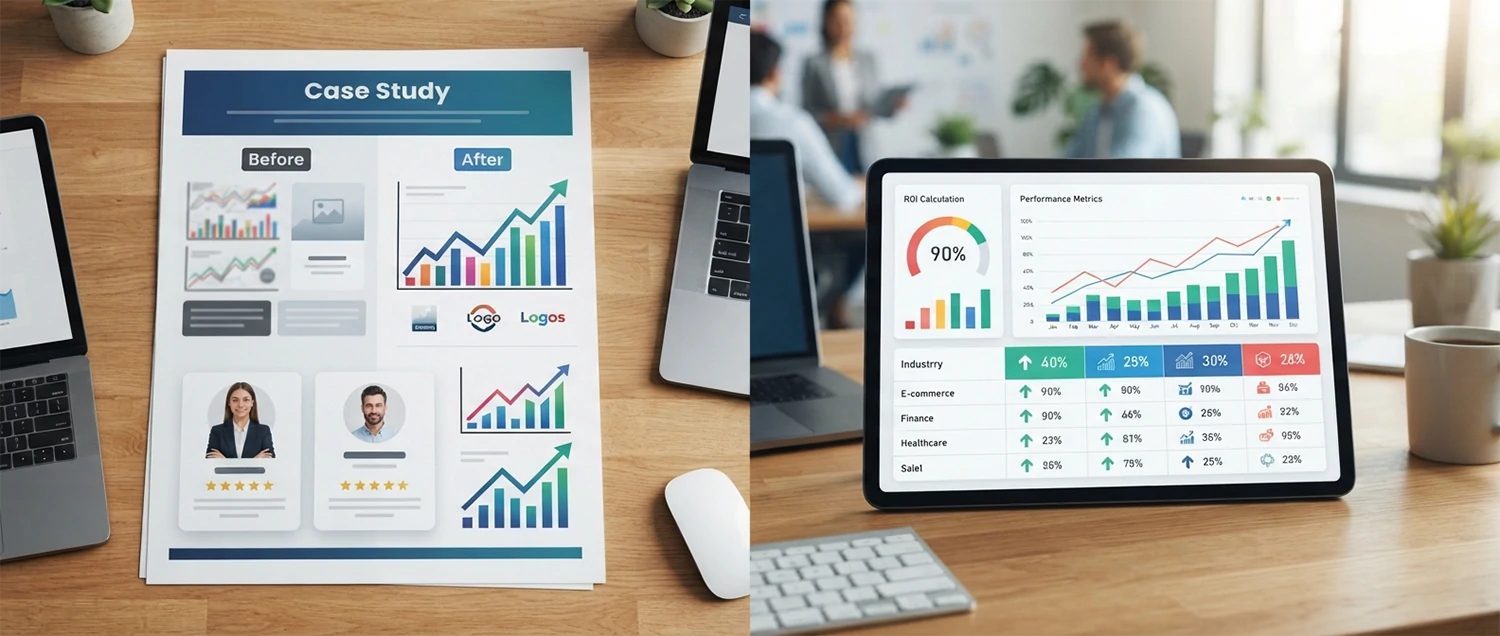 Case study infographic with before-and-after product images and performance metrics