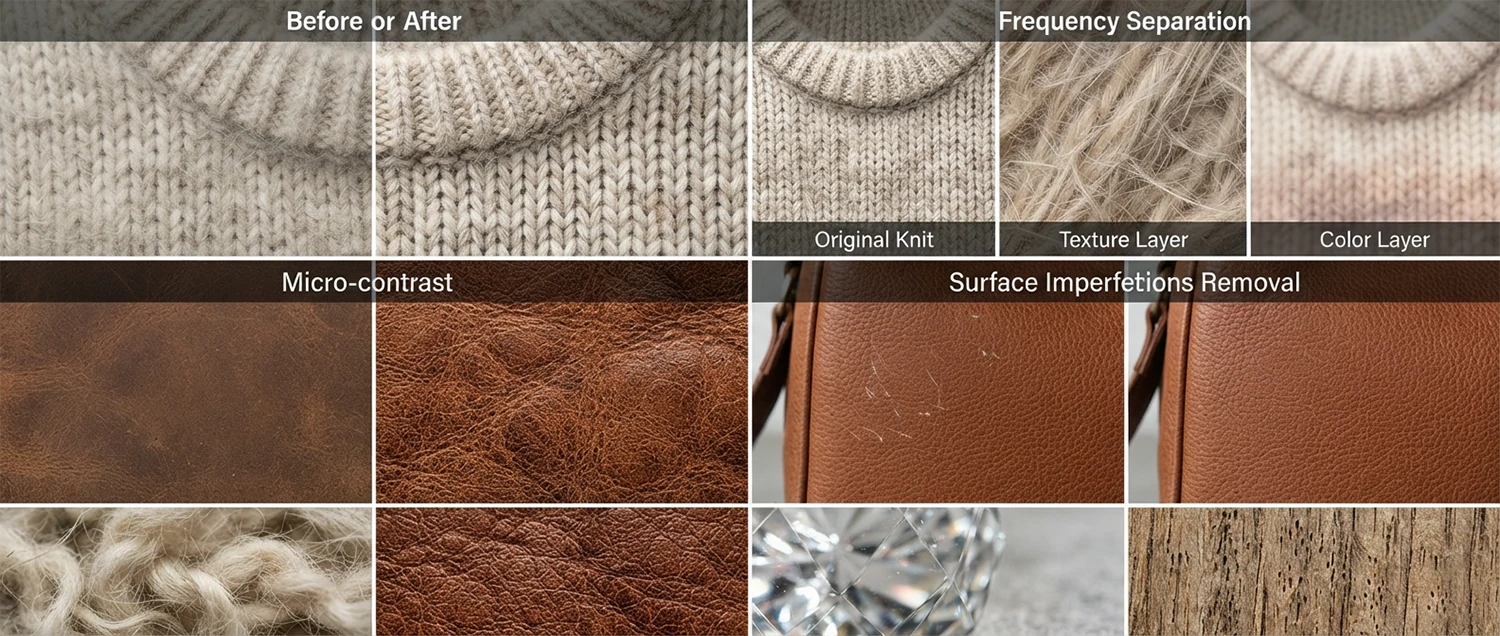 Close-up before-and-after texture enhancement on a knit sweater