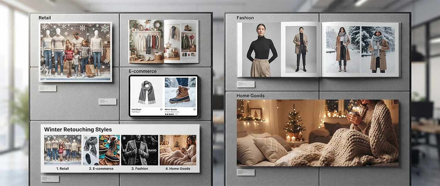 Industry comparison infographic showing winter retouching approaches for retail, e-commerce, fashion, and home goods