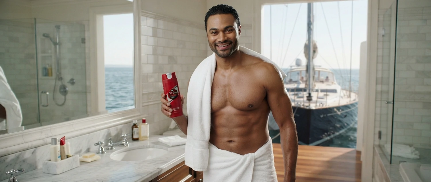 Isaiah Mustafa in a towel, holding a bottle of Old Spice body wash
