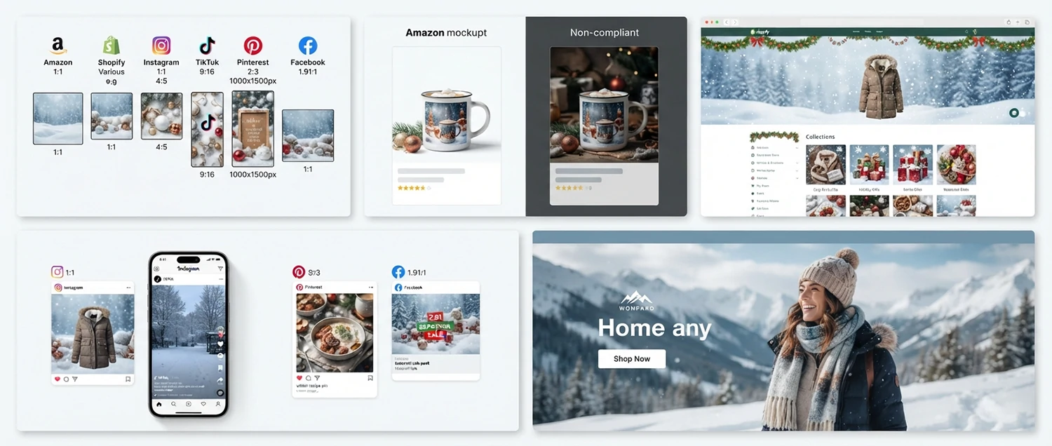 Platform comparison chart showing winter image specifications for Amazon, Shopify, Instagram, TikTok, Pinterest, and Facebook