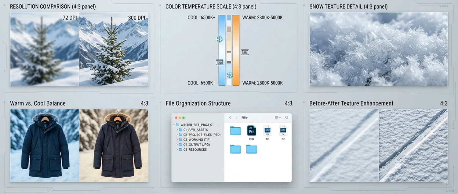 Resolution comparison chart showing 72 DPI vs 300 DPI winter product images