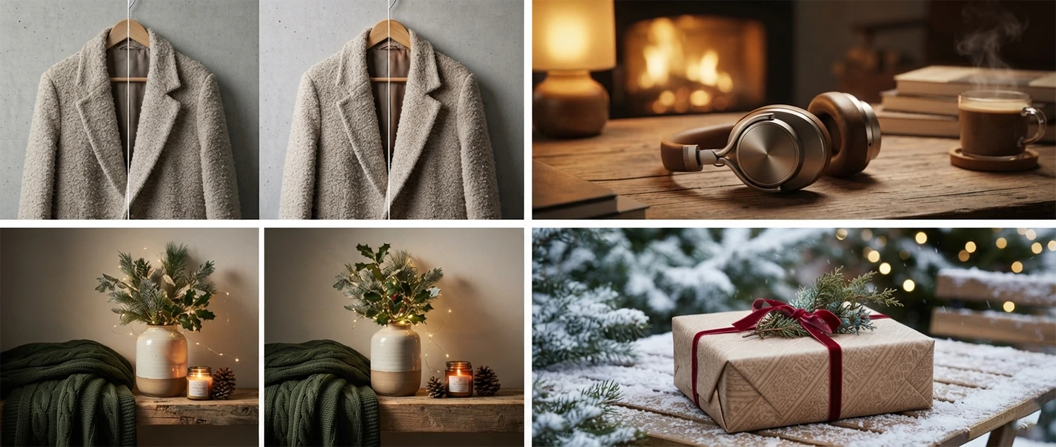 Side-by-side comparison of winter fashion retouching techniques for different fabric types