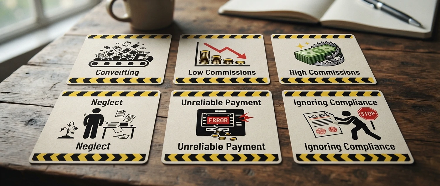 Six caution cards covering chasing quantity, low or high commissions, neglect, unreliable payment, and ignoring compliance