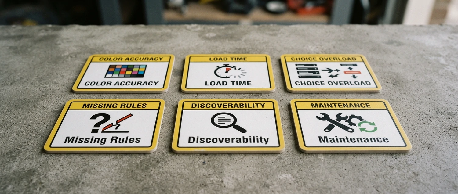 Six caution cards covering color accuracy