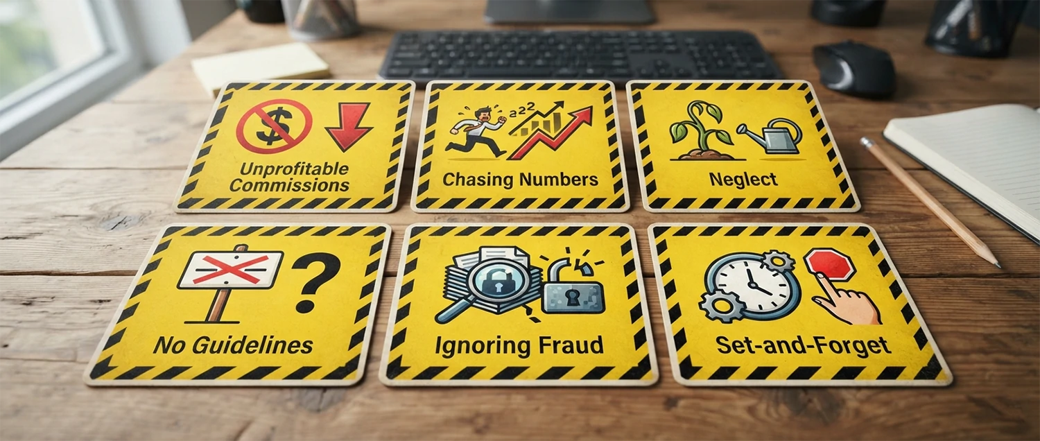 Six caution cards covering unprofitable commissions, chasing numbers, neglect, no guidelines, ignoring fraud, and set-and-forget