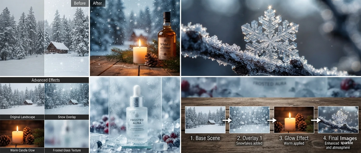 Snow overlay application example with before-and-after comparison