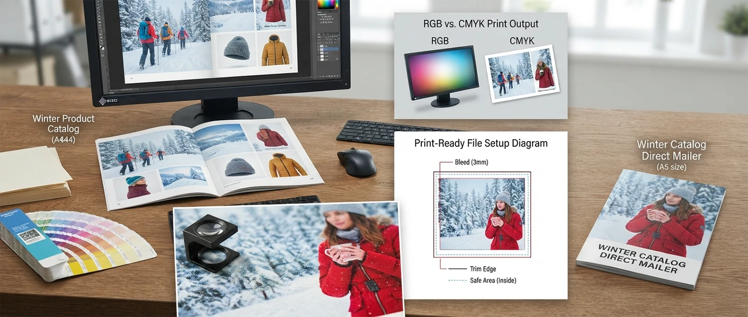 Winter product catalog spread mockup; comparison of RGB vs. CMYK color output