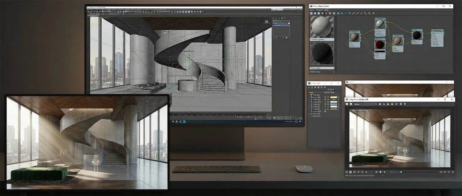A 3ds Max and V-Ray workspace showing modeling viewport