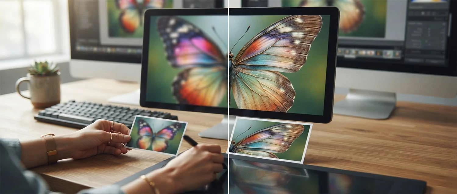 A blurry resized image beside a crisp AI-upscaled one