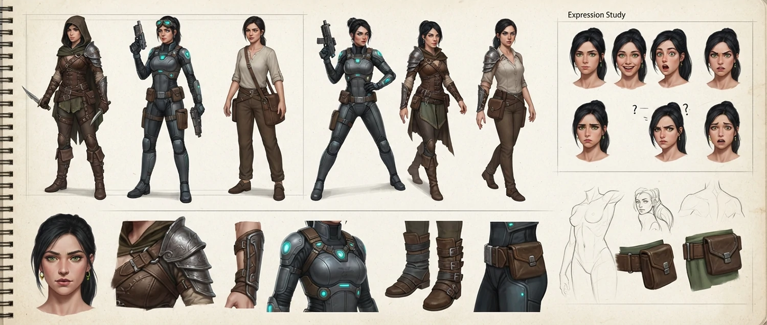 A character design showcase showing original character concept variations