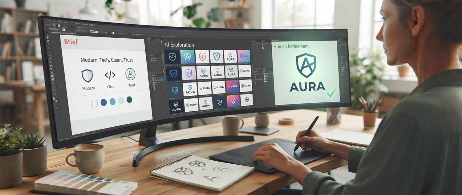A clear brief, AI exploration, and human refinement combining into a strong logo