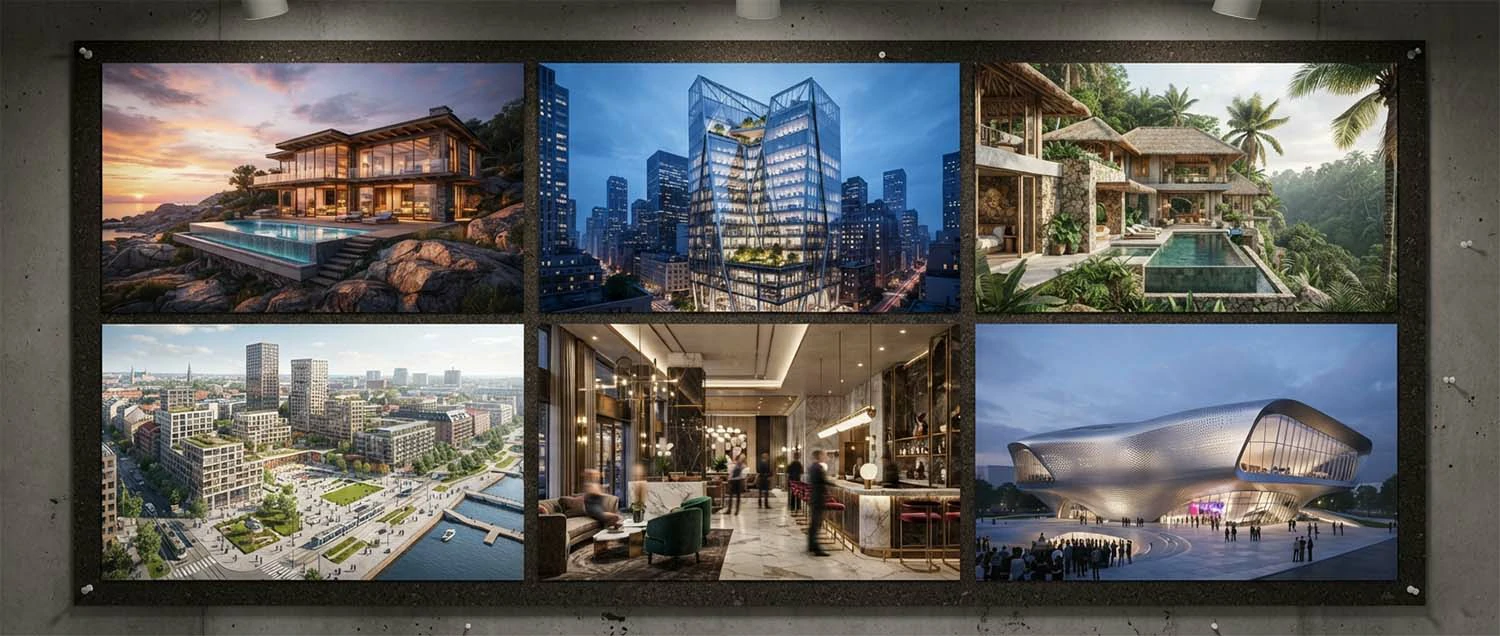 A collage of architectural visualization work from top studios showing residential