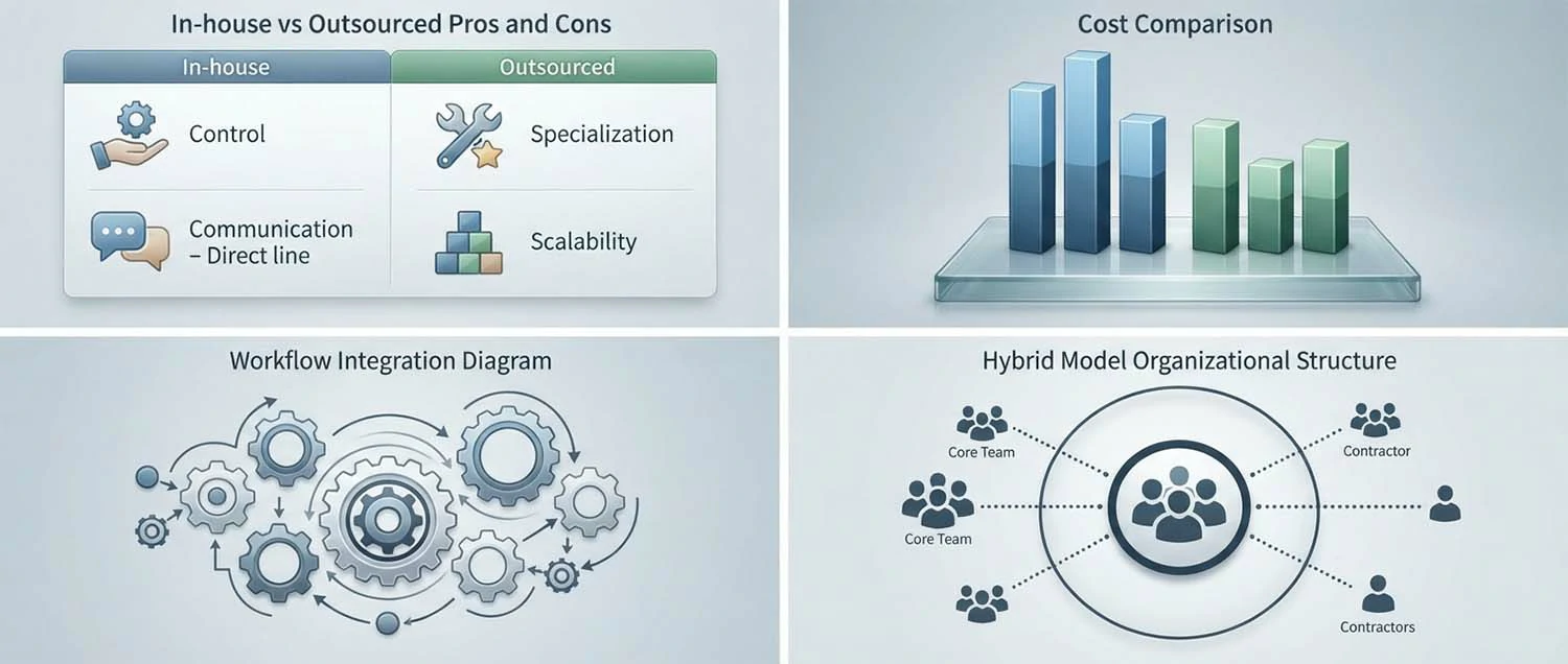 A comparison infographic showing in-house vs outsourced pros and cons