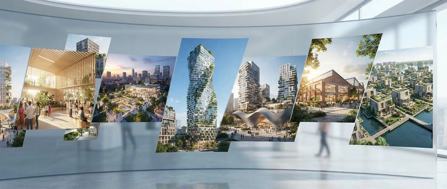 A concluding montage of architectural visualization work from top studios showing diverse