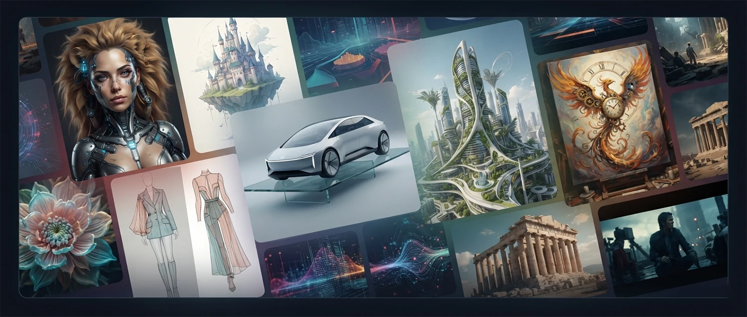 A concluding visual montage showing diverse AI-generated images spanning all categories covered in the guide including photorealistic portraits