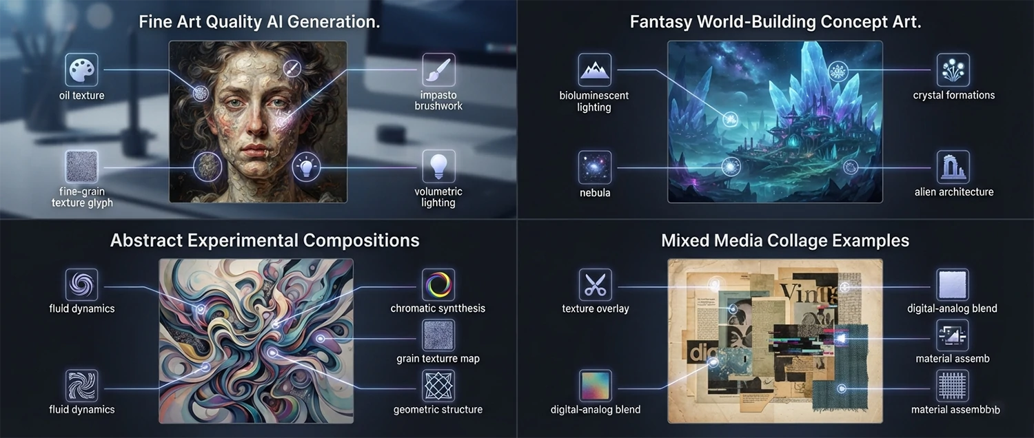 A creative showcase showing fine art quality AI generation