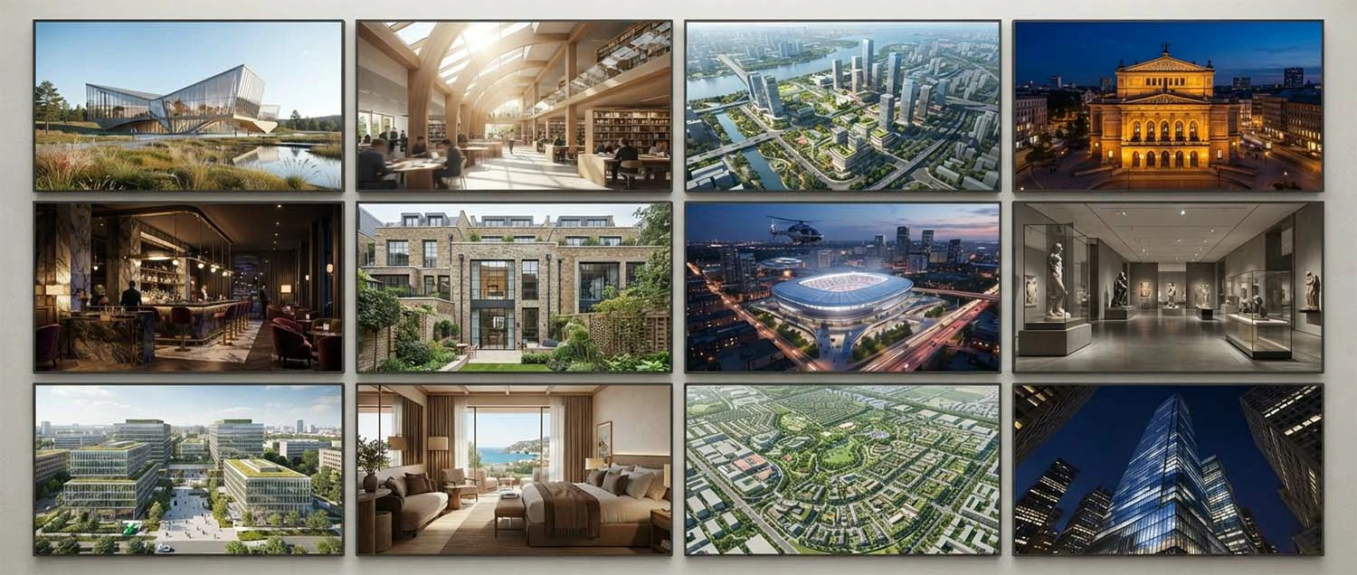 A curated montage of architectural visualisation firm work showing exterior