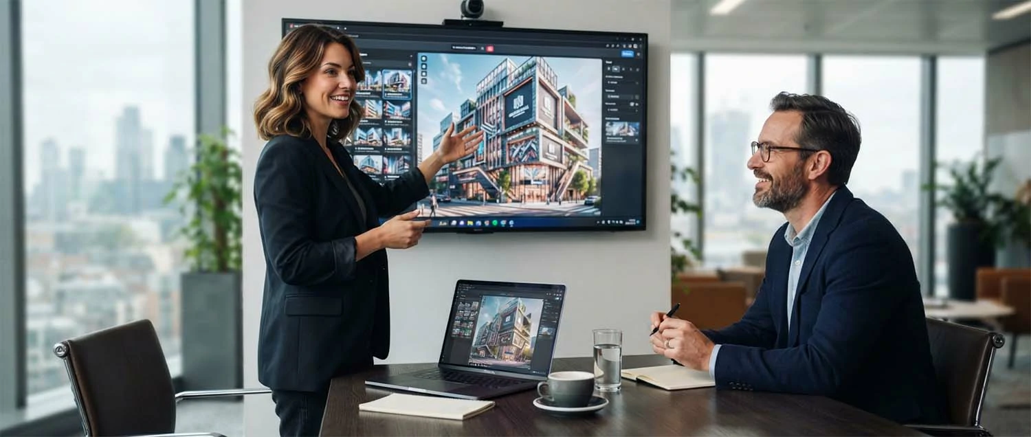 A designer winning a client over with compelling AI visuals
