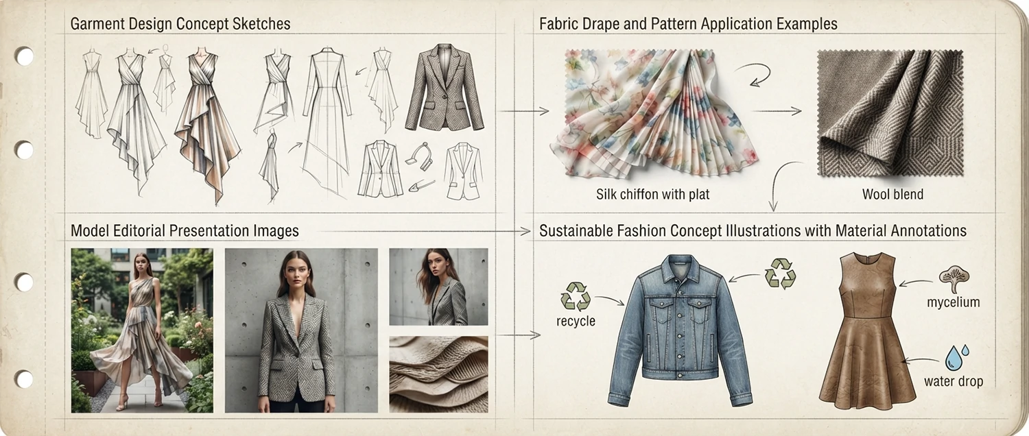 A fashion visualization showcase showing garment design concept sketches