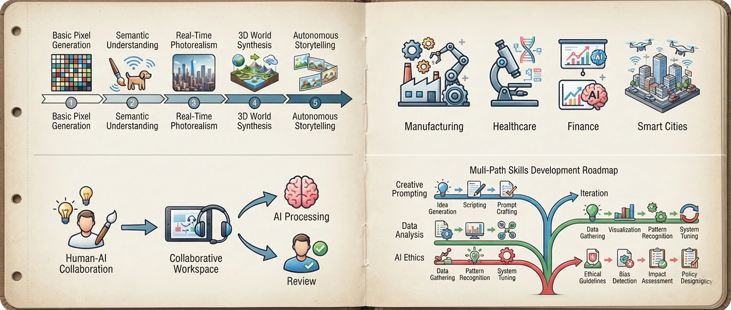 A future technology timeline showing predicted advancements in AI image generation