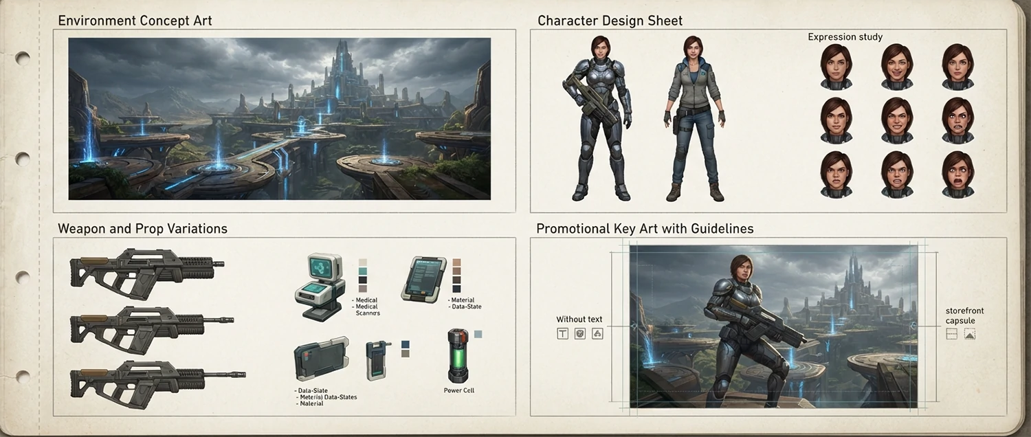 A gaming visuals showcase showing game concept environment art