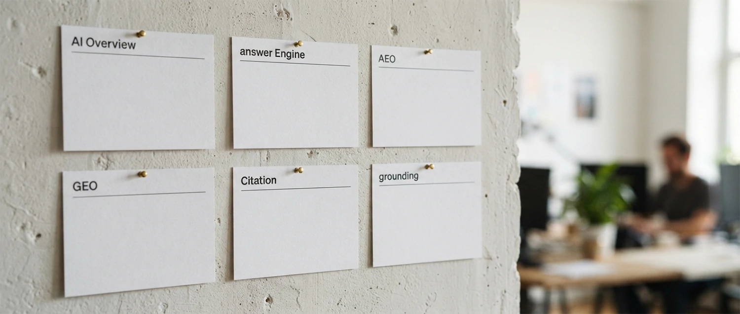 A glossary card wall defining AI Overview