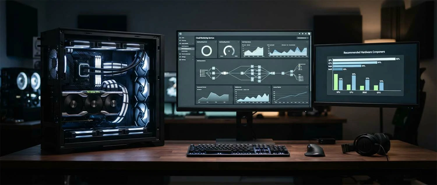 A hardware setup showing a high-end workstation with multiple GPUs