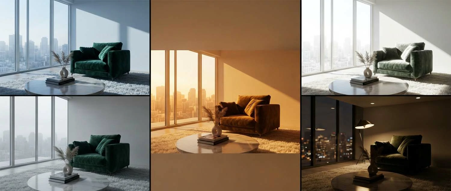 A lighting comparison showing the same scene rendered with morning light