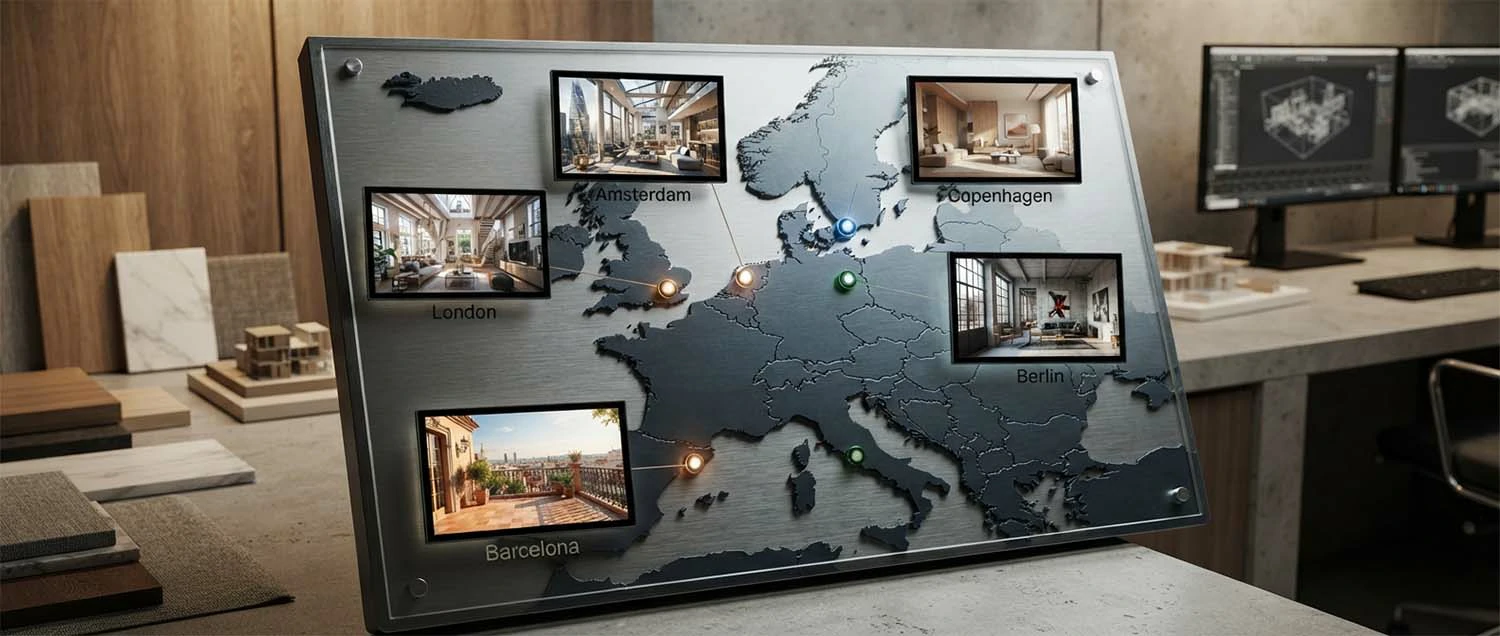 A map of Europe highlighting ArchViz studio locations in London