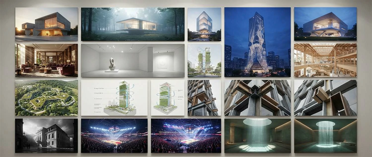 A montage of award-winning architectural renders showing exterior