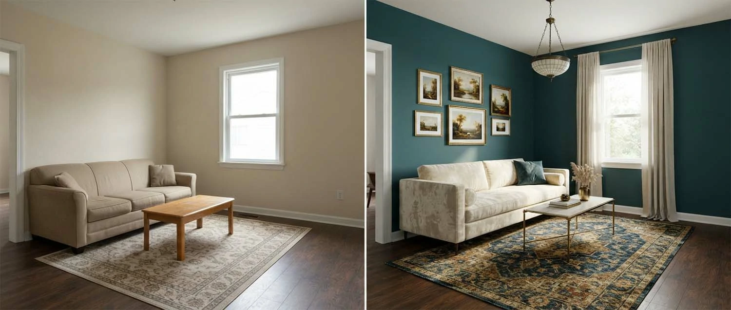A photographed room transformed into a new style while keeping its shape