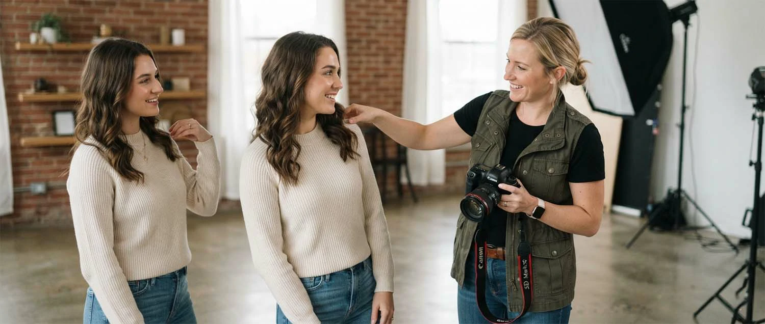 A photographer demonstrating posing techniques to a client
