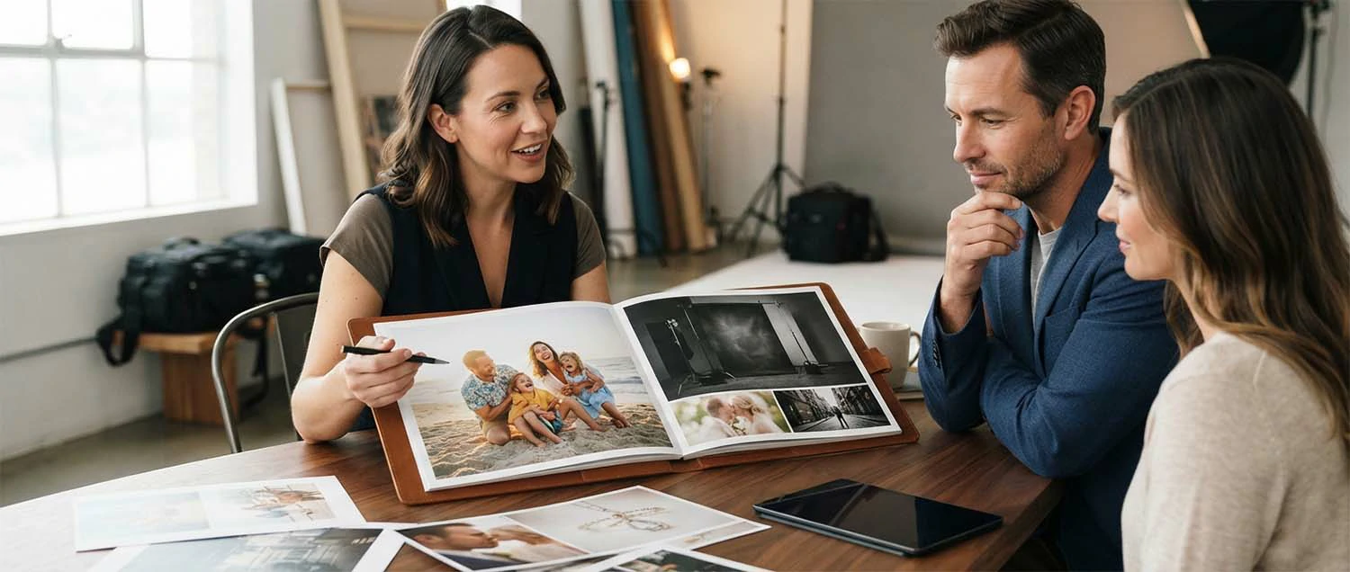 A photographer reviewing a portfolio with a client showing different styles and approaches