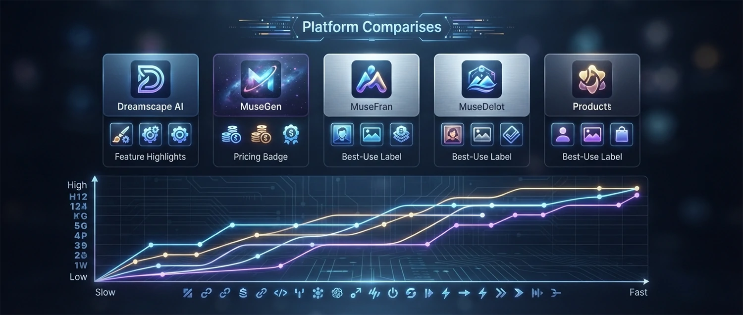 A platform comparison visual showing logo cards of major AI image generators with feature highlights