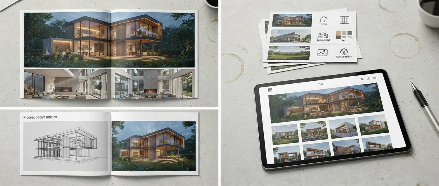 A portfolio layout showing exterior and interior render samples
